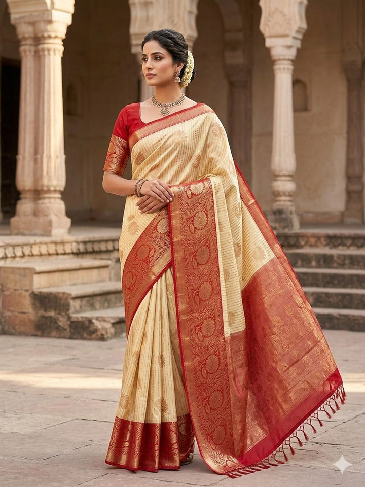 BANARASI SILK IN LIME YELLOW WITH RED BORDER