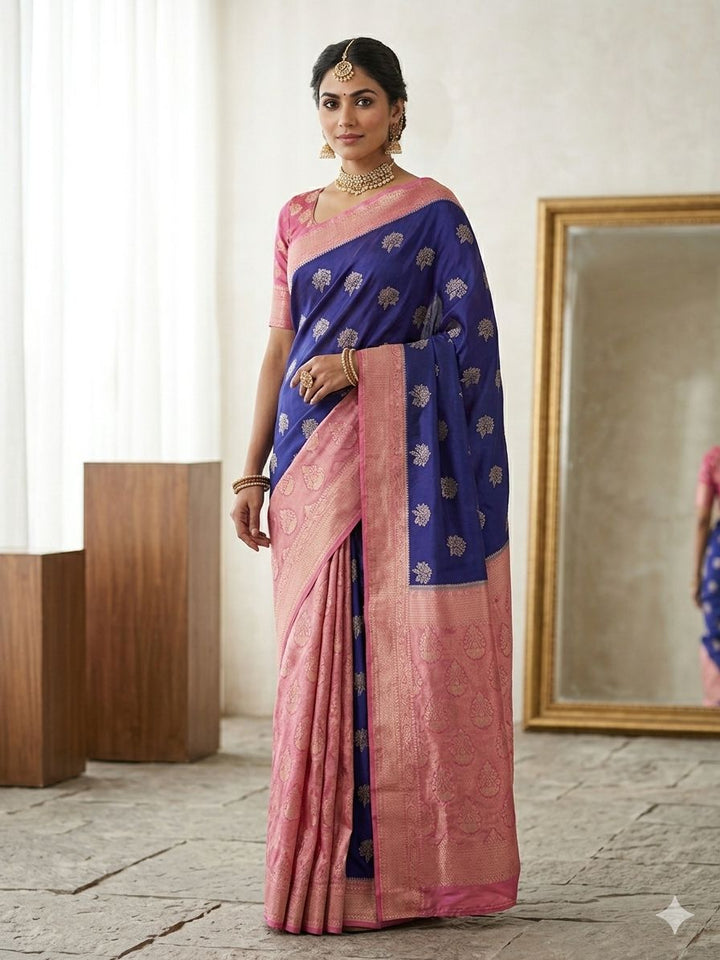 RUSSIAN SILK IN NAVY BLUE WITH BABY PINK BORDER