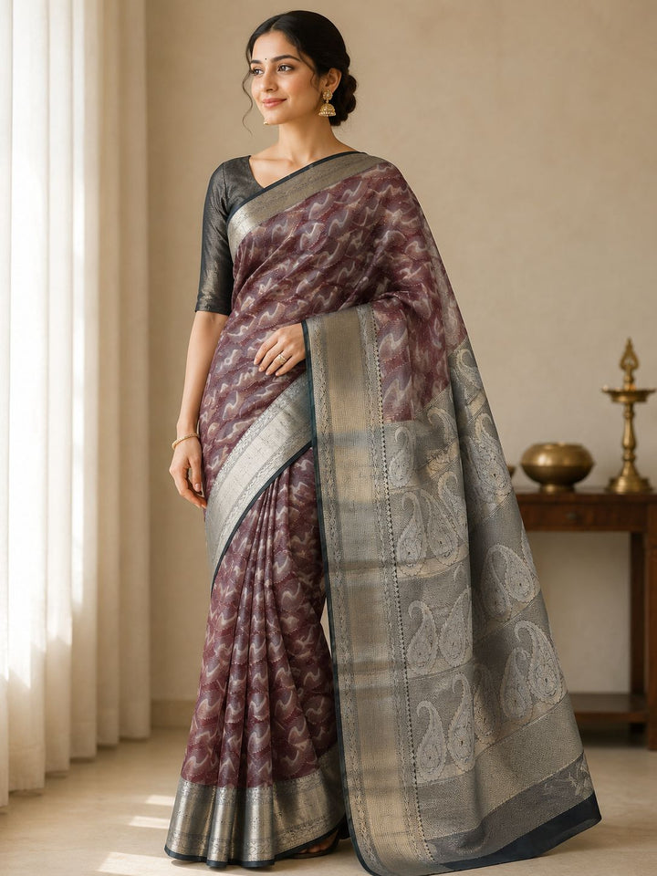 BANARASI 3D ALFI TISU IN BROWN SHADE WITH BOTTLE GREEN BORDER