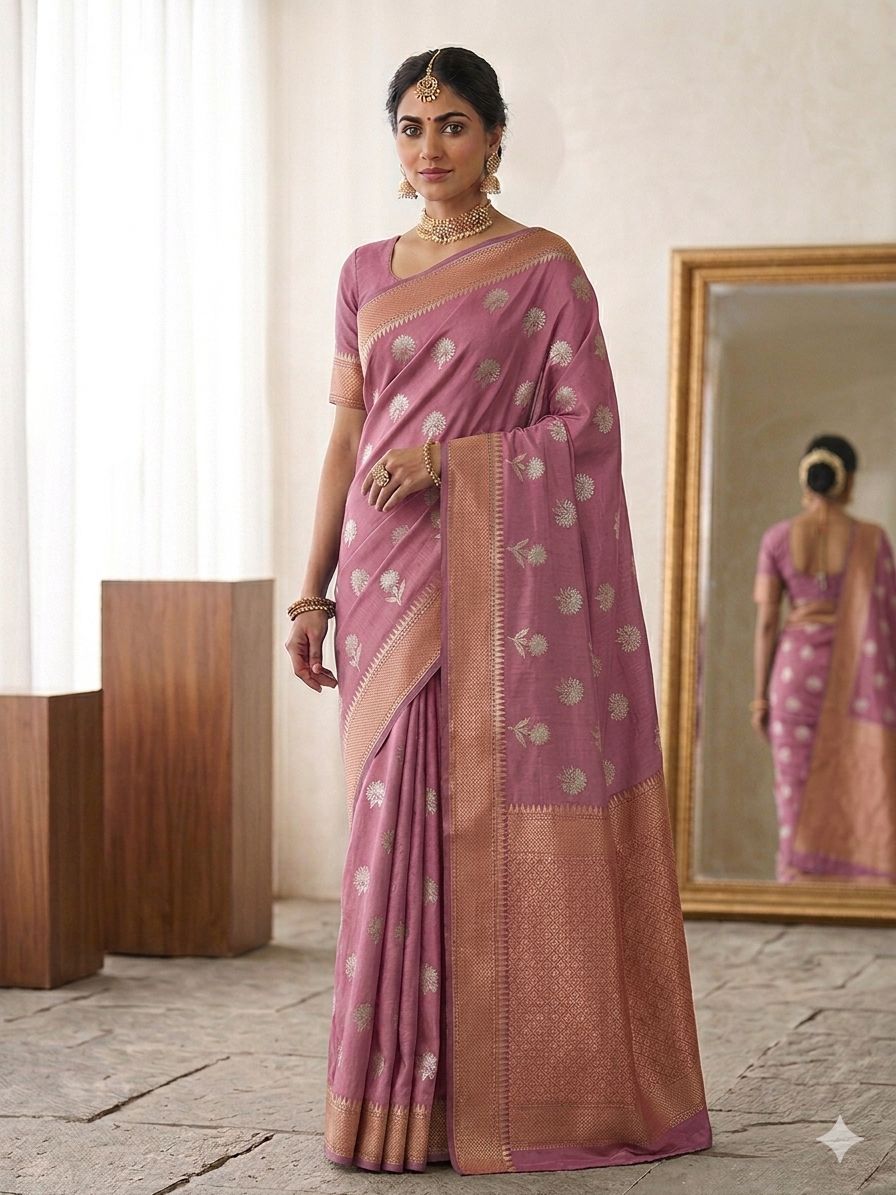 BANARASI SILK IN MAGENTA WITH SATIN TISU BORDER