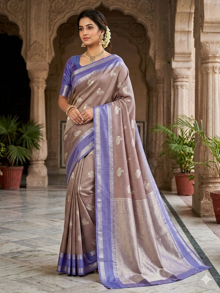 BANARASI KATAN PATTU CREAM/MAROON CHECKS COLOUR WITH MOV BORDER