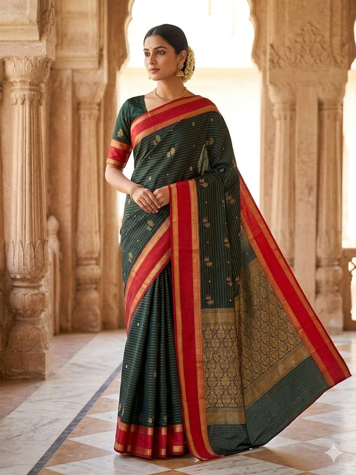 BANARASI KATAN PATTU IN BOTTLE GREEN WITH RED BORDER