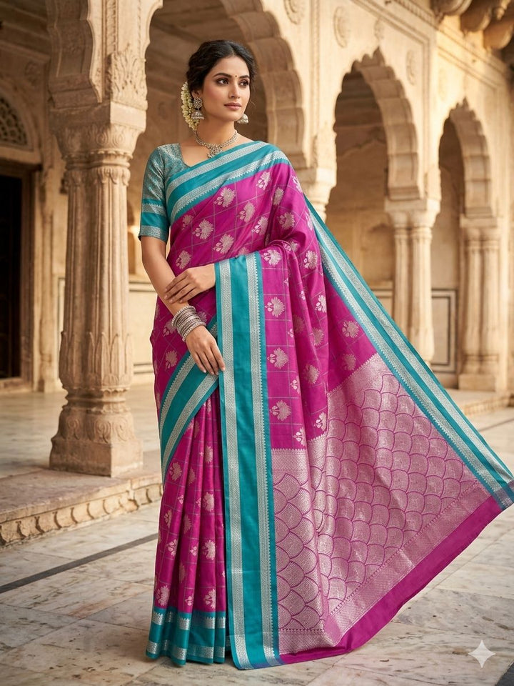 BANARASI KATAN PATTU WITH RANI PINK AND RAMA GREEN BORDER