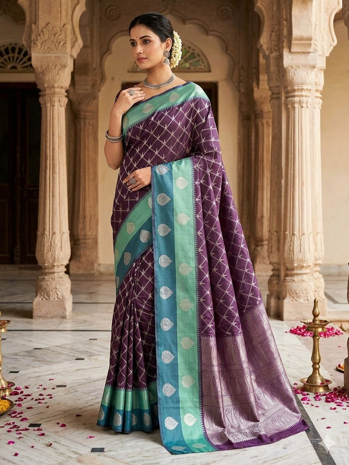 BANARASI KATAN PATTU IN MAGENTA WITH SEA GREEN AND RAMA GREEN BORDER