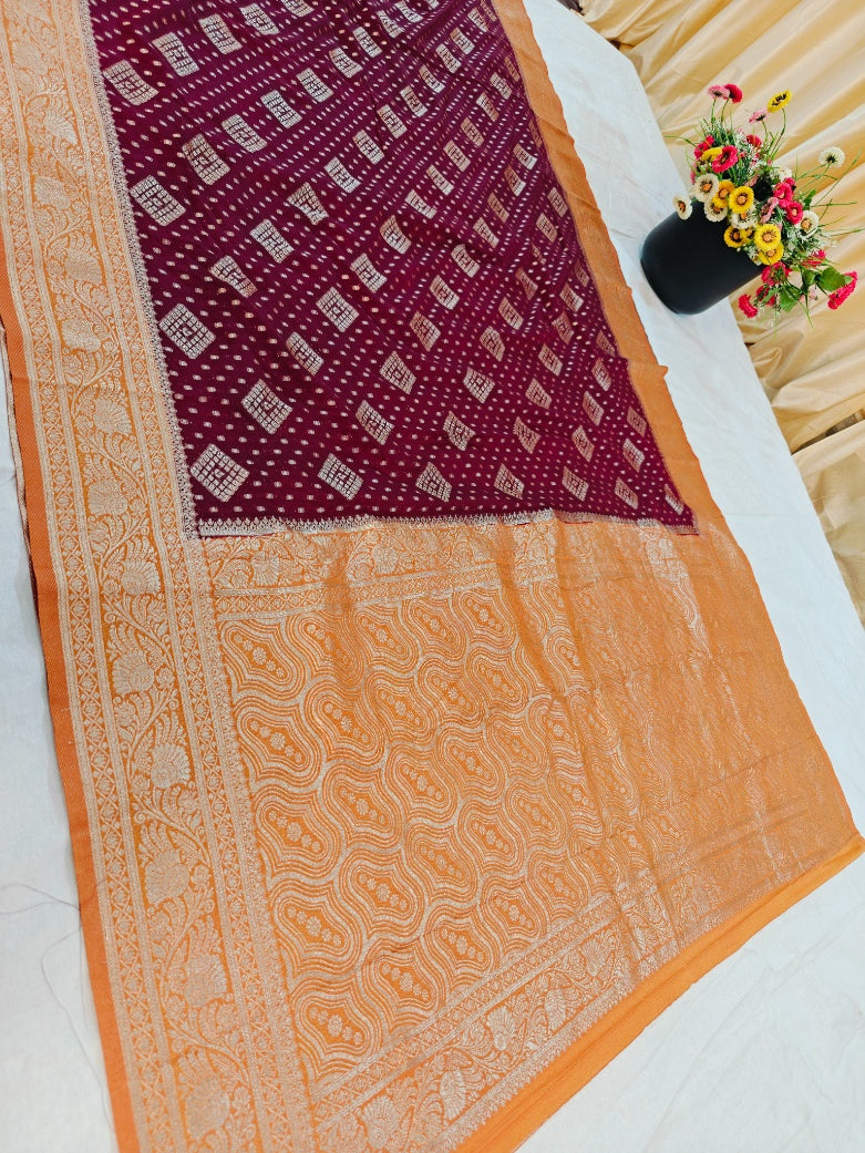 KHADDI GEORGETTE GARNET WITH ORANGE