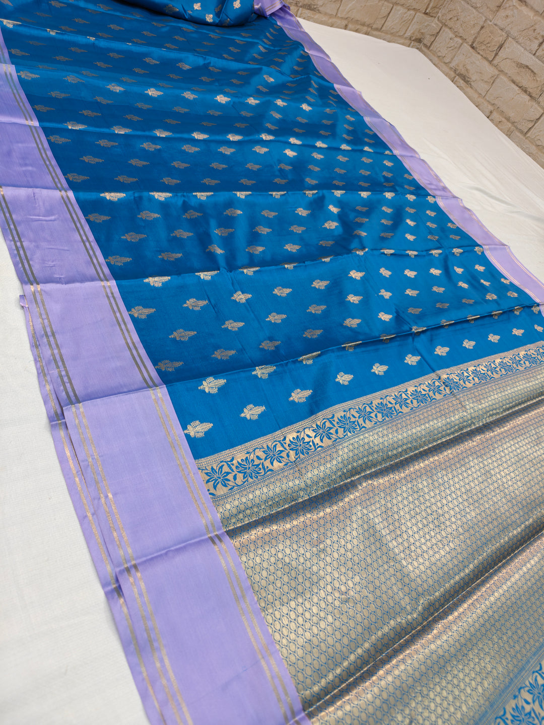 CORAL BLUE BANARASI KATAN SILK WITH LAVENDER BORDER