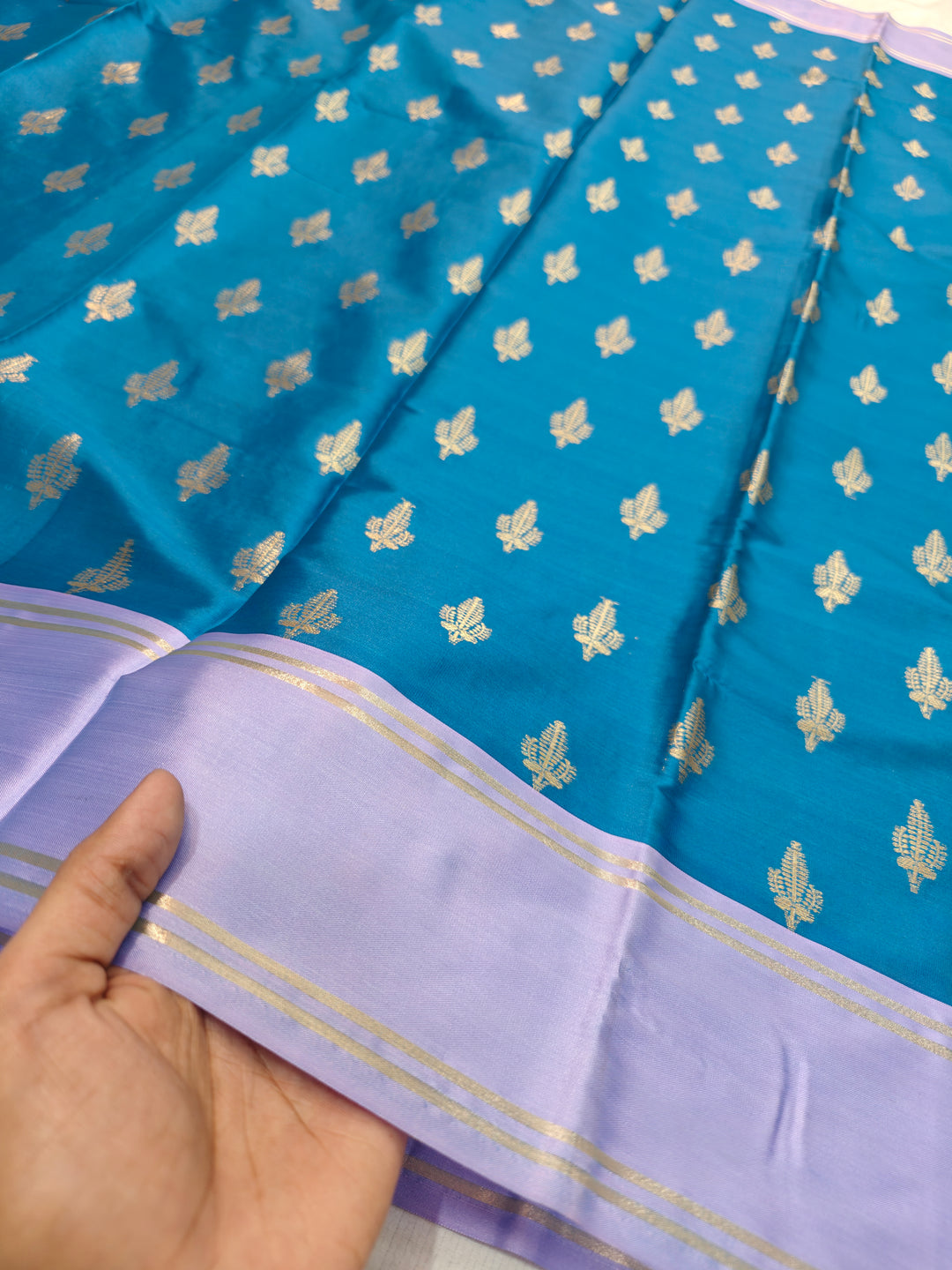 CORAL BLUE BANARASI KATAN SILK WITH LAVENDER BORDER