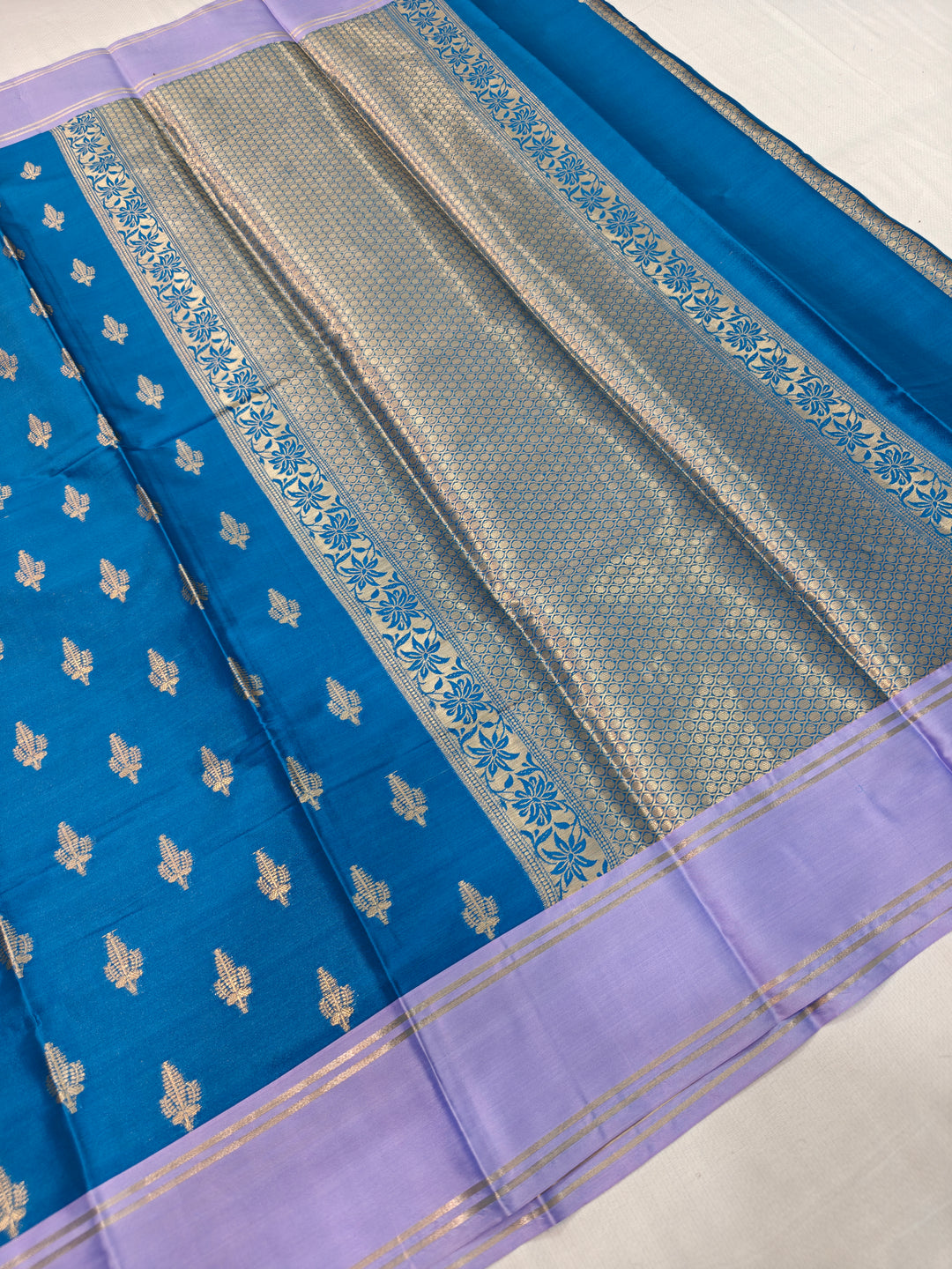 CORAL BLUE BANARASI KATAN SILK WITH LAVENDER BORDER