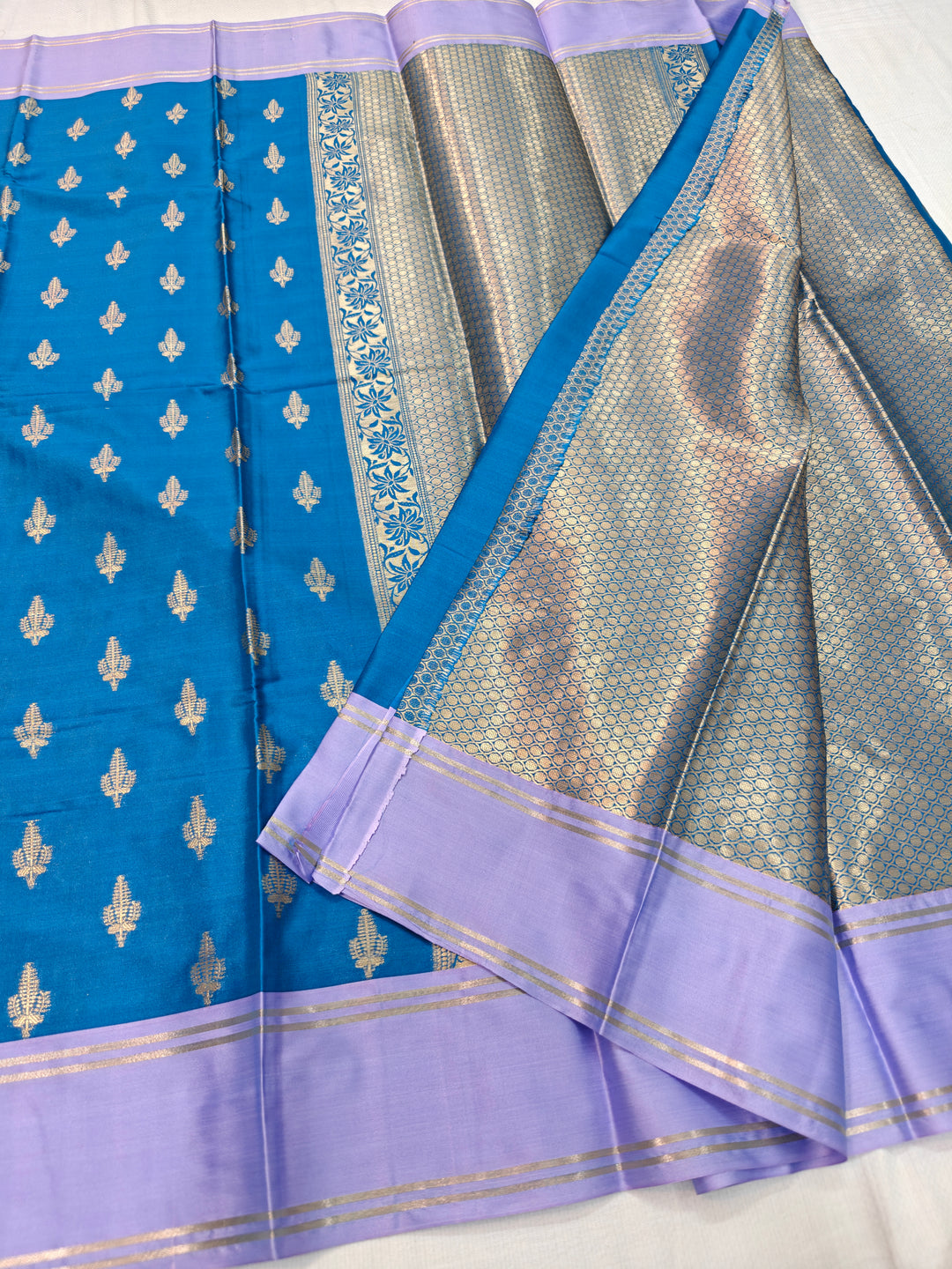 CORAL BLUE BANARASI KATAN SILK WITH LAVENDER BORDER