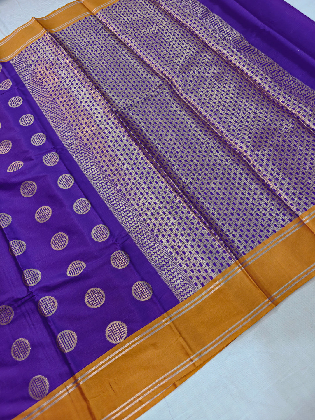 VIOLET BANARASI KATAN SILK WITH MUSTARD BORDER