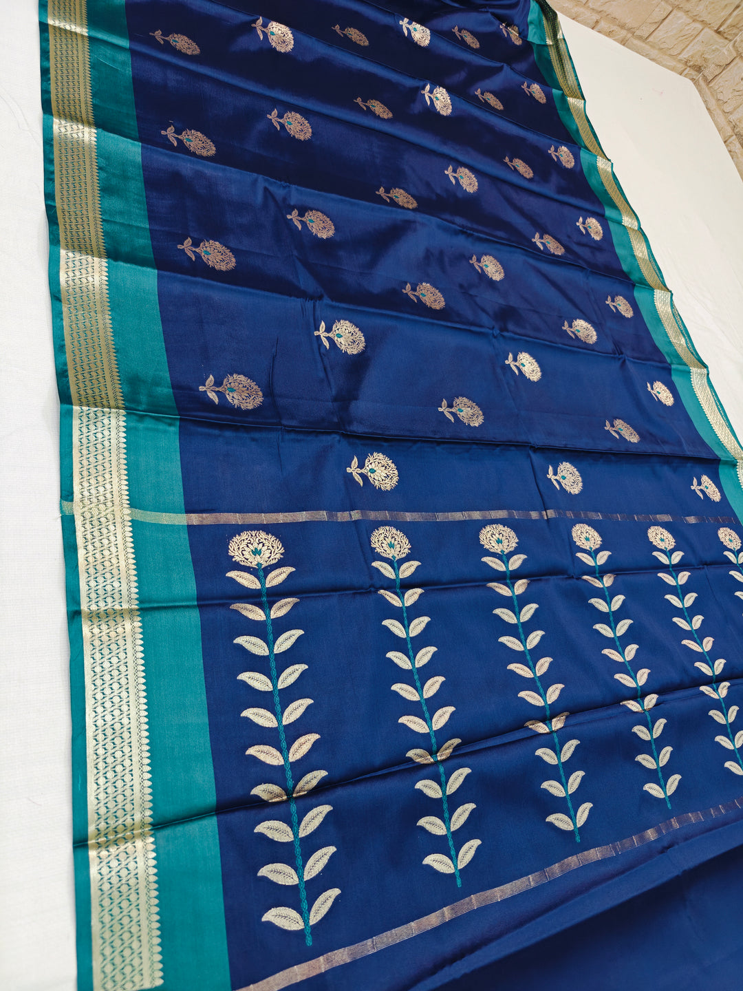 NAVY BLUE BANARASI KATAN SILK  WITH SEA GREEN BORDER