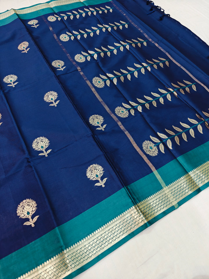 NAVY BLUE BANARASI KATAN SILK  WITH SEA GREEN BORDER