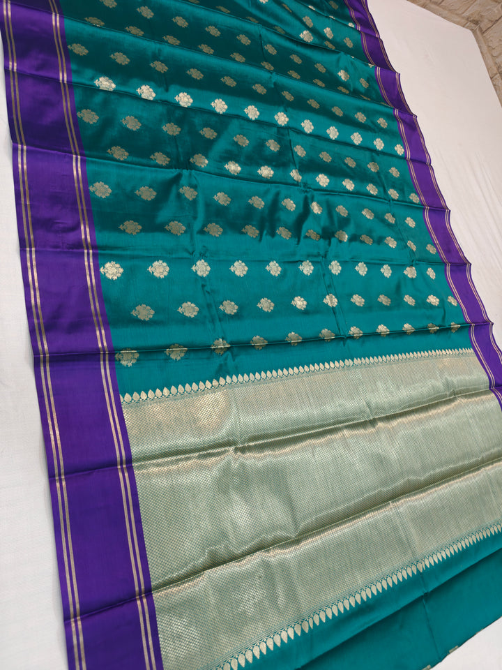 SCRAMENTO GREEN BANARASI SILK KATAN WITH INDIGO BORDER