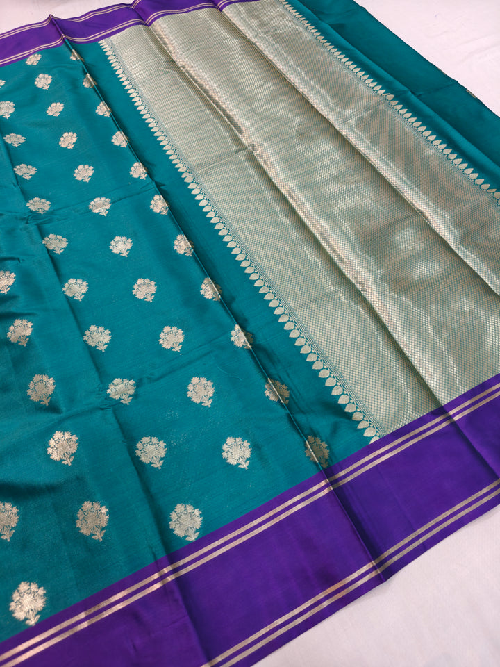 SCRAMENTO GREEN BANARASI SILK KATAN WITH INDIGO BORDER