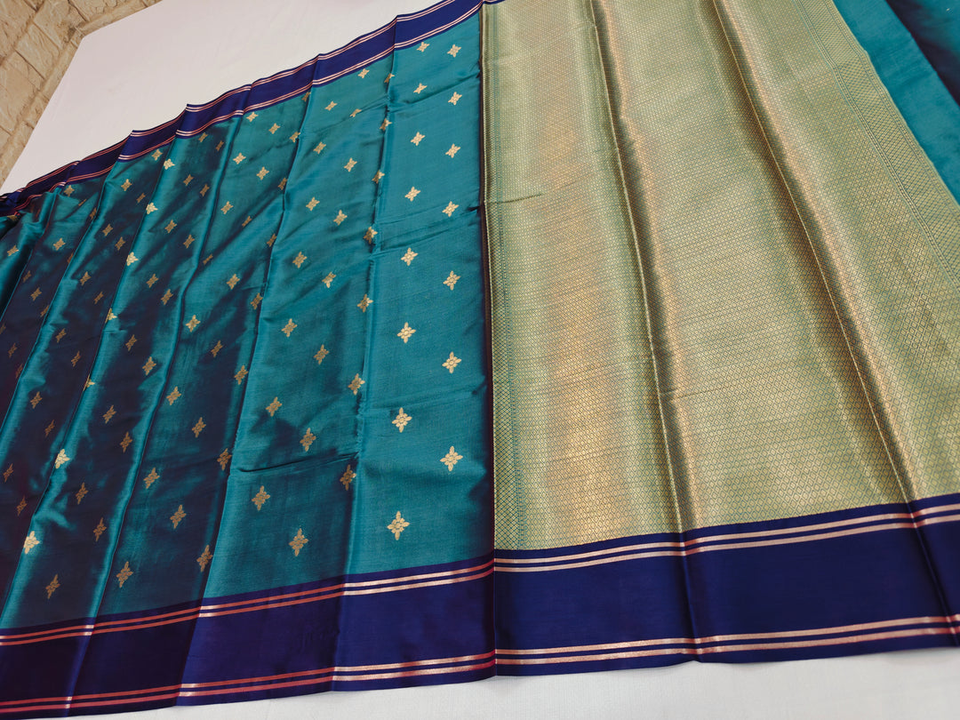 EMERALD GREEN BANARASI KATAN SILK WITH INDIGO BORDER