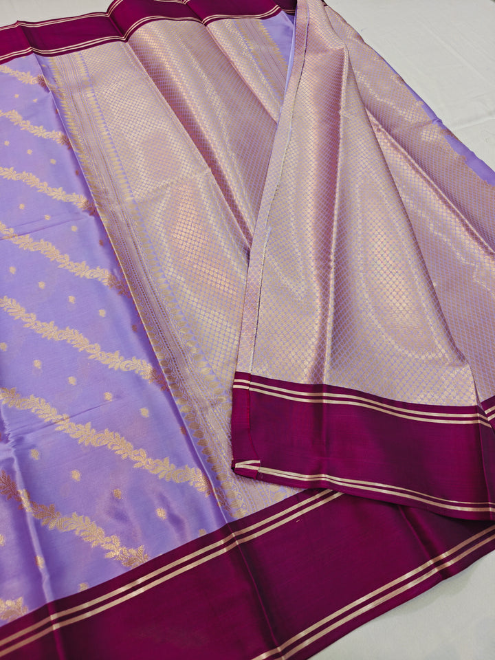 LAVENDER DIOGNAL DESIGN BANARASI KATAN SILK WITH VINE BORDER