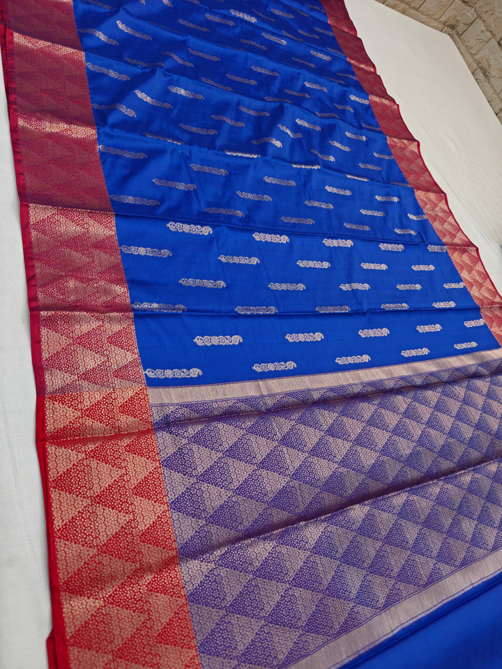BLUE WITH RED BORDER BANARSI KATAN SILK