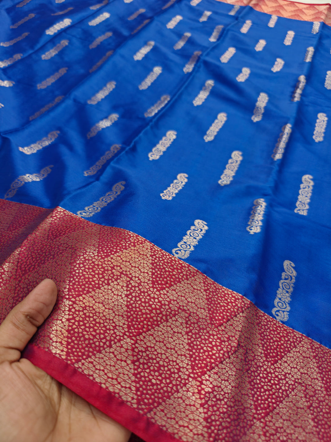 BLUE WITH RED BORDER BANARSI KATAN SILK