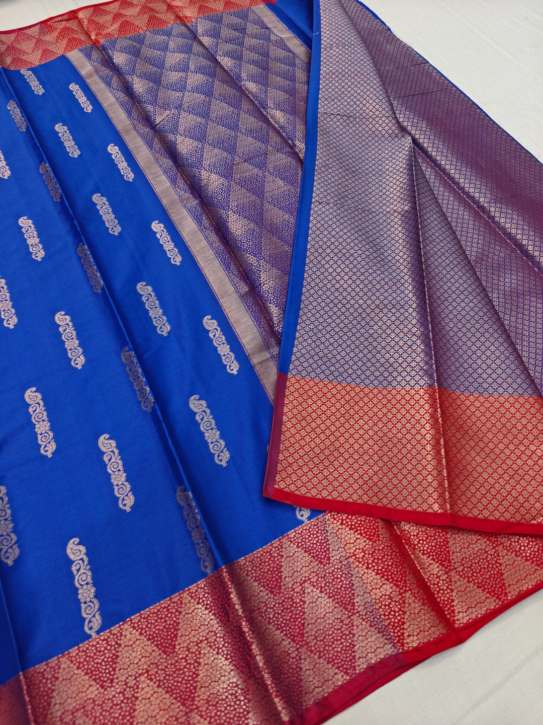 BLUE WITH RED BORDER BANARSI KATAN SILK