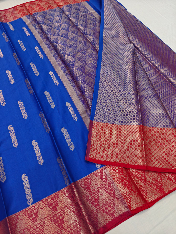 BLUE WITH RED BORDER BANARSI KATAN SILK