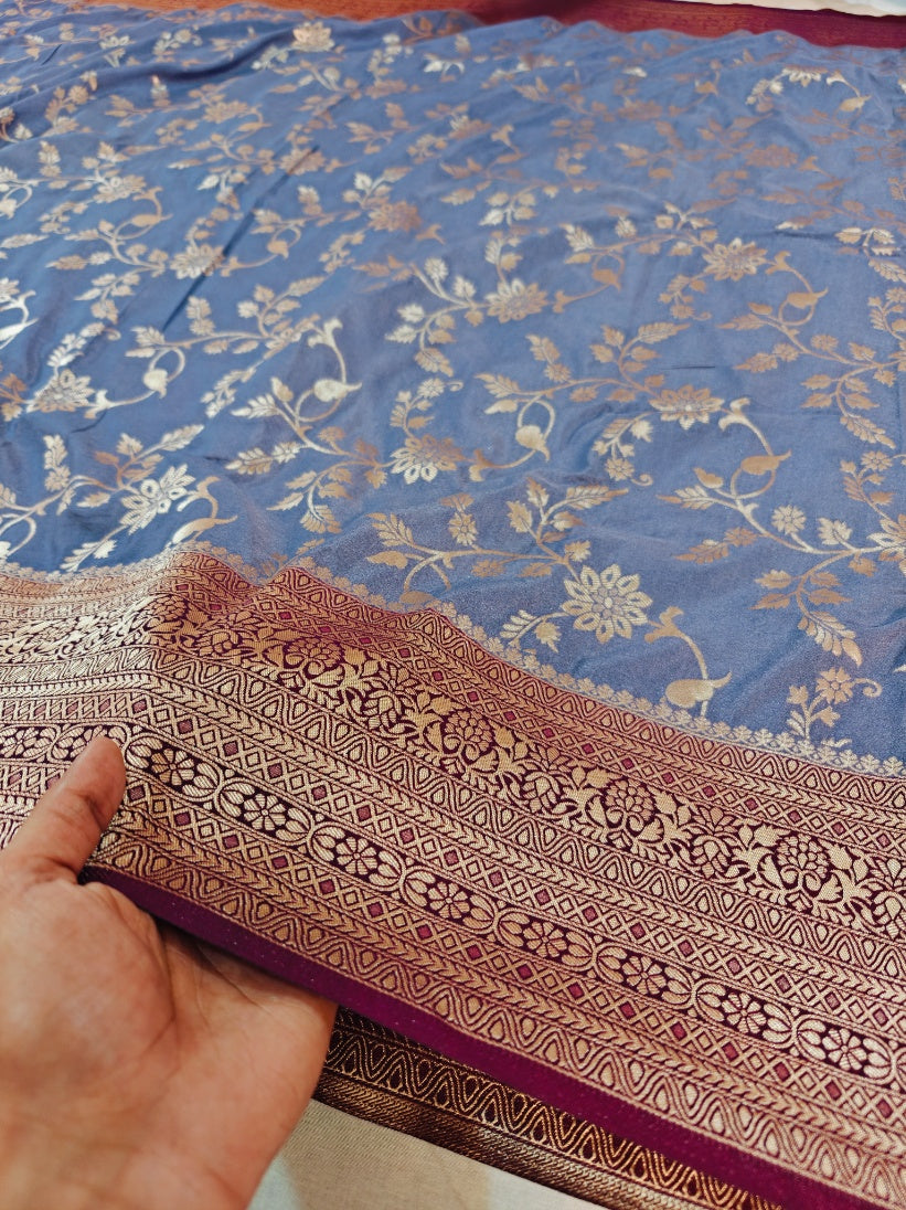 STEEL GREY KHADDI GEORGETTE WITH GARNET BOREDR