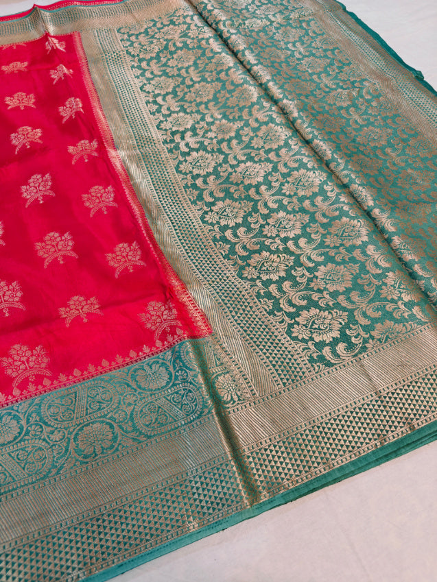 RUSSIAN SILK  IN BRIGHT RED WITH SEA GREEN BORDER