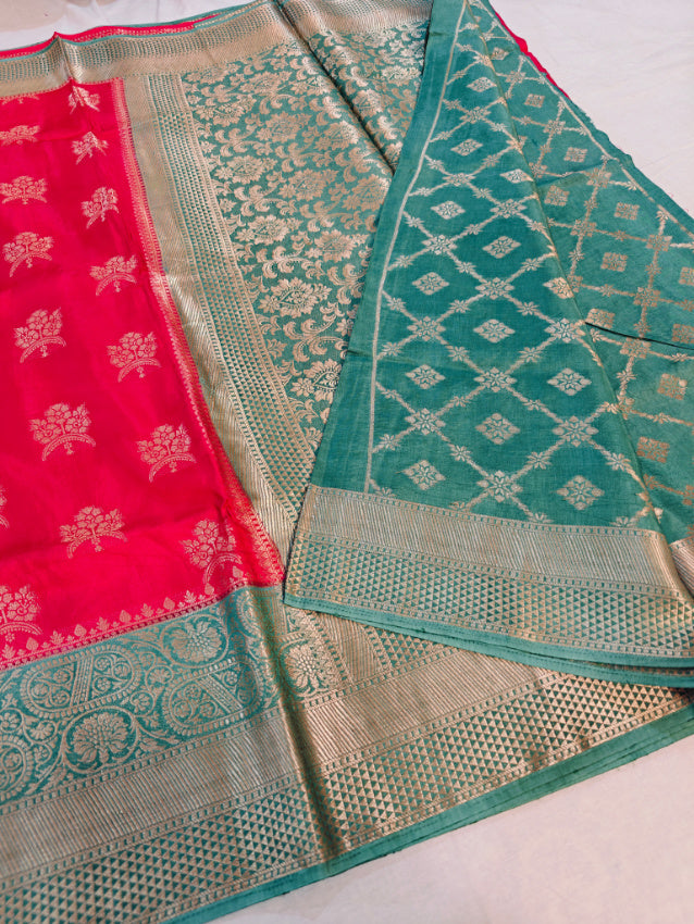 RUSSIAN SILK  IN BRIGHT RED WITH SEA GREEN BORDER