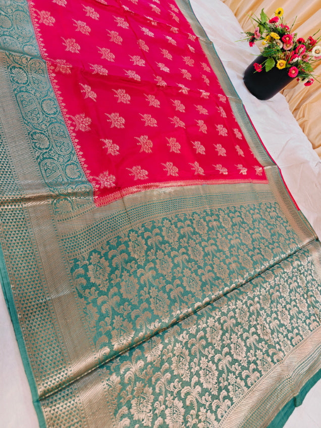 RUSSIAN SILK  IN BRIGHT RED WITH SEA GREEN BORDER