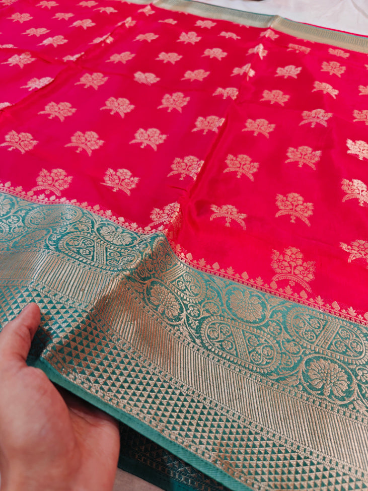 RUSSIAN SILK  IN BRIGHT RED WITH SEA GREEN BORDER