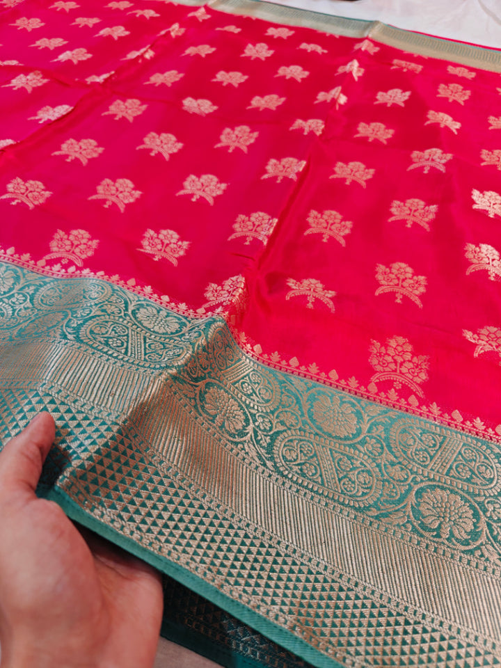 RUSSIAN SILK  IN BRIGHT RED WITH SEA GREEN BORDER