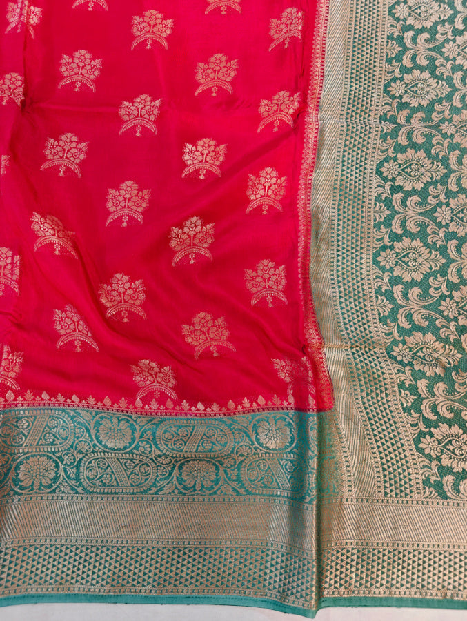 RUSSIAN SILK  IN BRIGHT RED WITH SEA GREEN BORDER