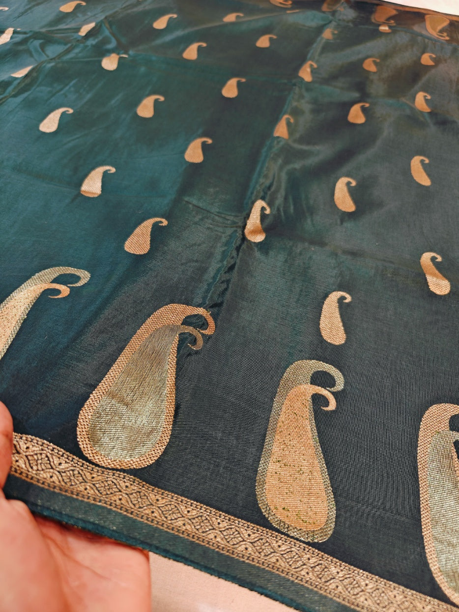 RUSSIAN SILK WITH ZARI MOTIF IN BOTTLE GREEN COLOUR