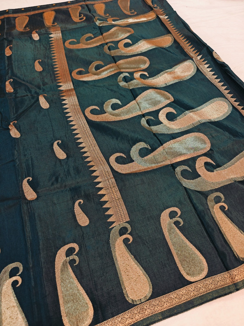 RUSSIAN SILK WITH ZARI MOTIF IN BOTTLE GREEN COLOUR