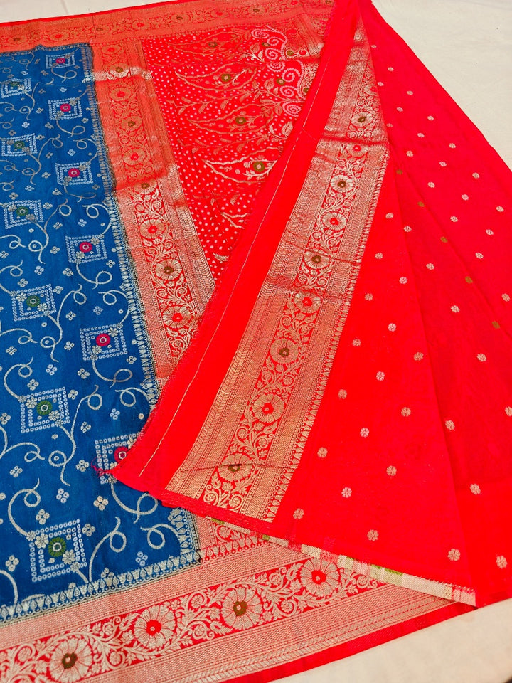 ROYAL BLUE WITH RED BORDER  MINAKARI KHADDI GEORGETTE