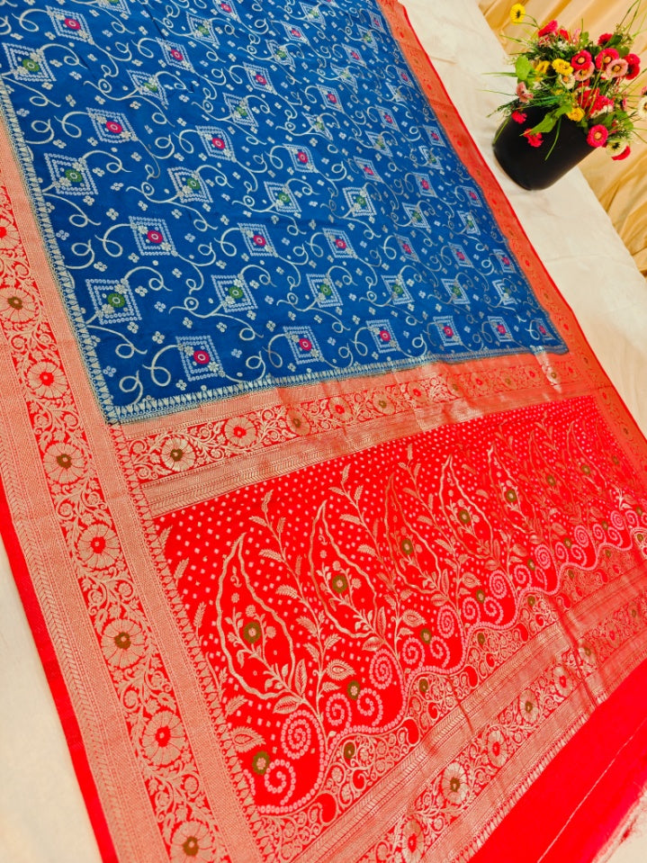 ROYAL BLUE WITH RED BORDER  MINAKARI KHADDI GEORGETTE