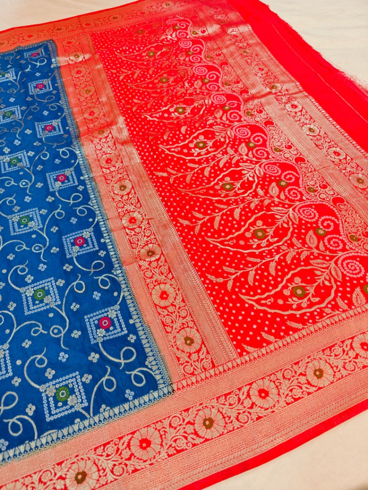 ROYAL BLUE WITH RED BORDER  MINAKARI KHADDI GEORGETTE