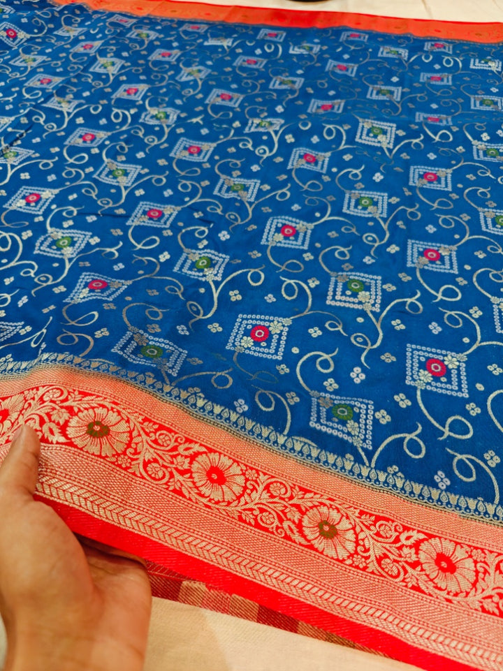 ROYAL BLUE WITH RED BORDER  MINAKARI KHADDI GEORGETTE