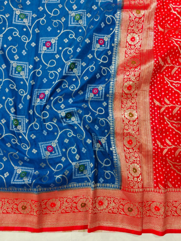 ROYAL BLUE WITH RED BORDER  MINAKARI KHADDI GEORGETTE