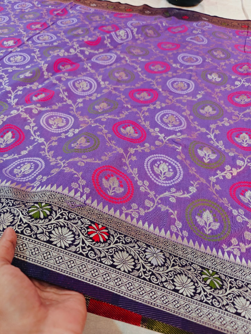 LAVENDER KHADDI GEORGETTE  MINAKARI WITH NAVY BLUE BORDER