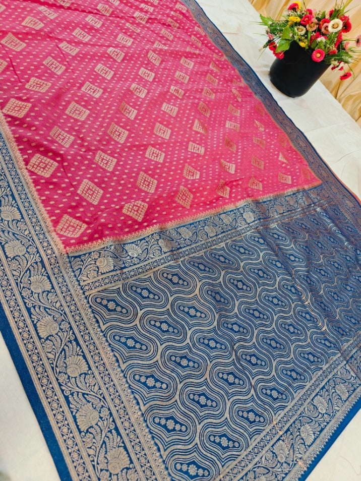 BABY PINK KHADD GEROGETTE WITH ZARI WOVEN IN ROYAL BLUE BORDER