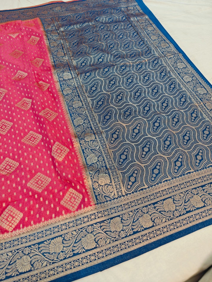 BABY PINK KHADD GEROGETTE WITH ZARI WOVEN IN ROYAL BLUE BORDER