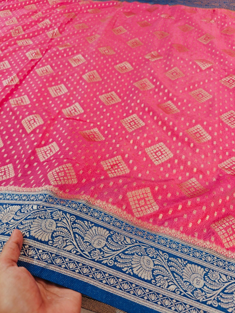BABY PINK KHADD GEROGETTE WITH ZARI WOVEN IN ROYAL BLUE BORDER