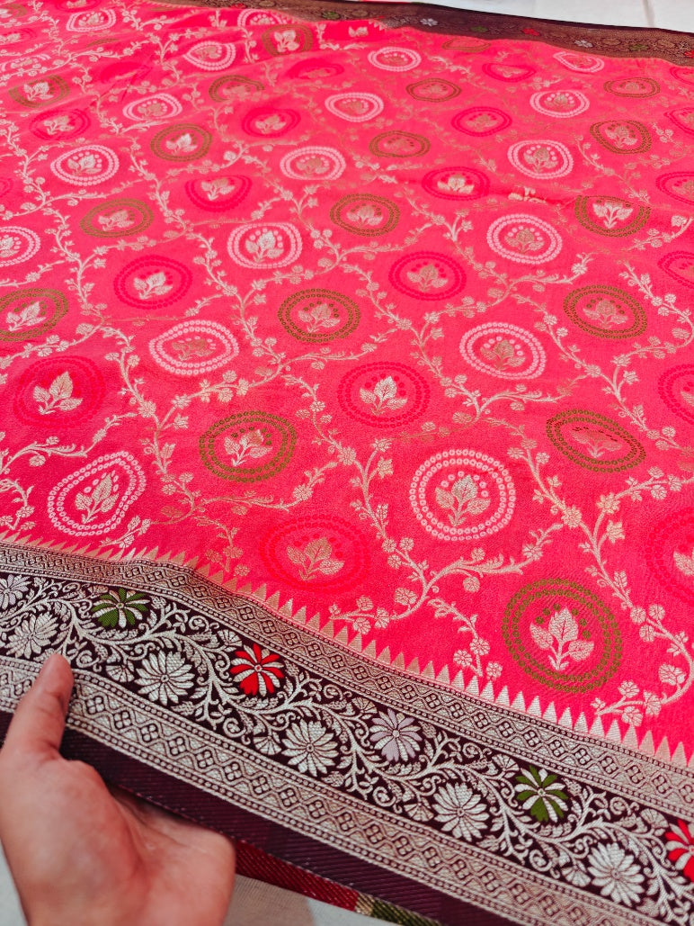 PEACH KHADDI GEORGETTE MINAKARI WITH GARNET BORDER