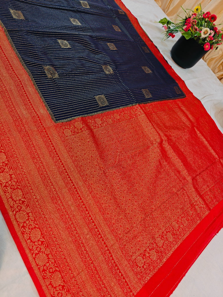 KHADDI GEORGETTE INNAVY BLUE WITH ZARI WOVEN MOTIF