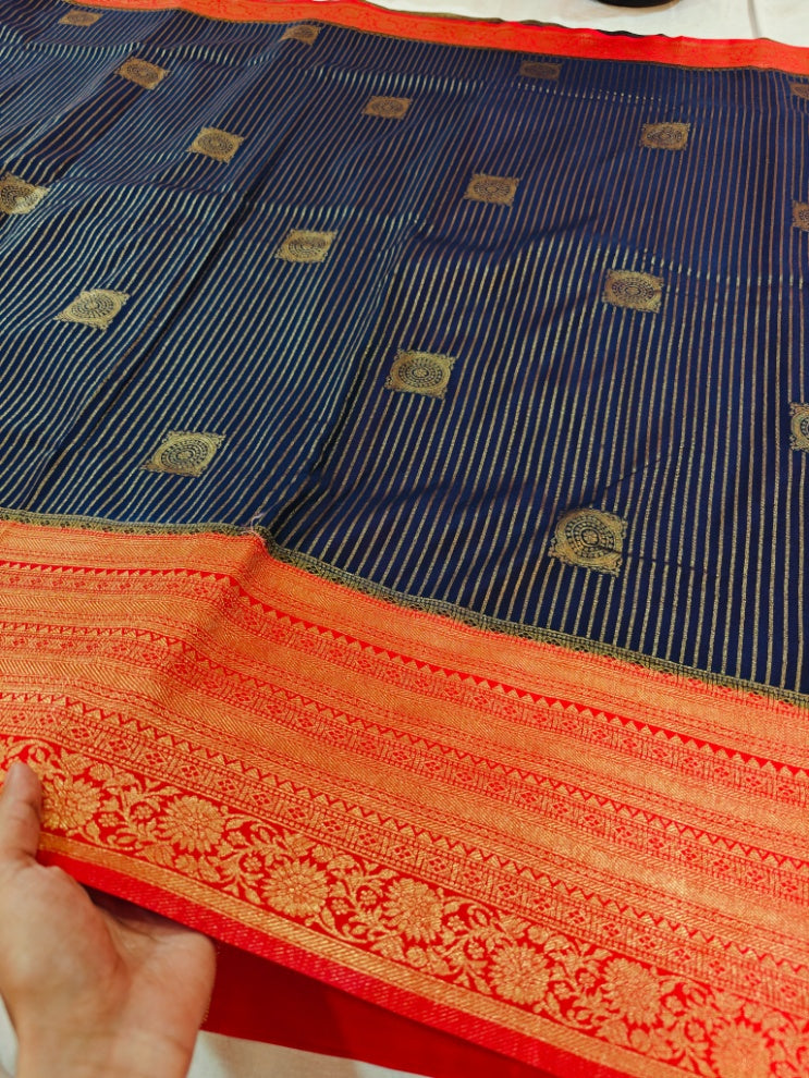 KHADDI GEORGETTE INNAVY BLUE WITH ZARI WOVEN MOTIF