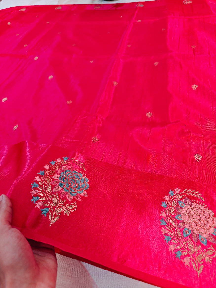 RUSSIAN SATIN SILK WITH TILFI BOOTA BORDER IN RANI COLOUR