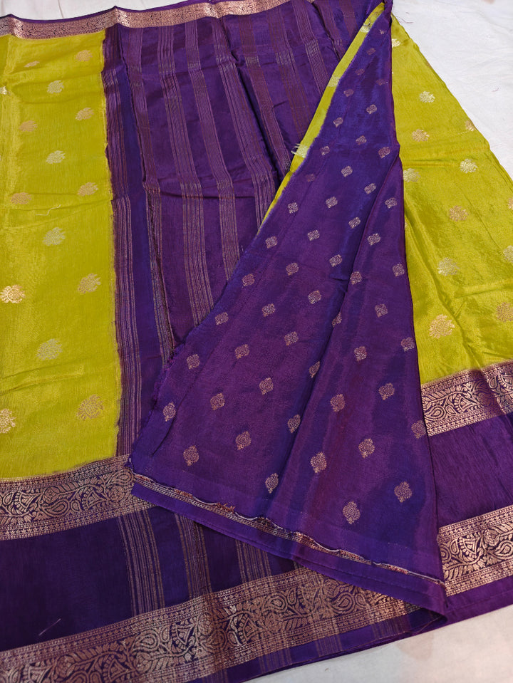 PARROT GREEN RUSSIAN SILK WITH INDIGO BORDER