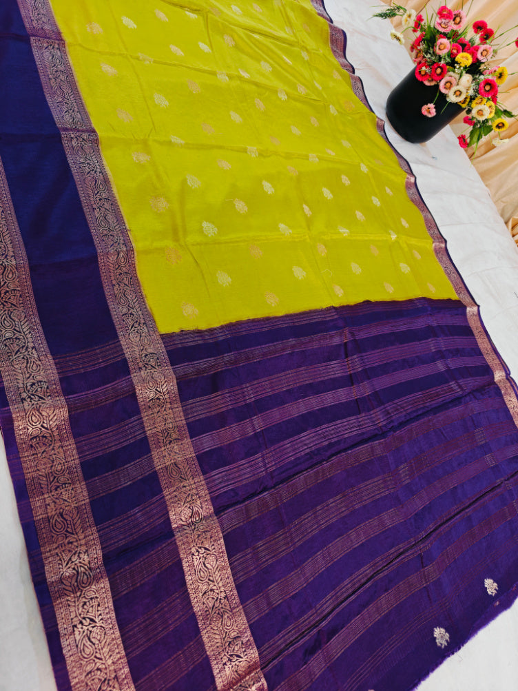 PARROT GREEN RUSSIAN SILK WITH INDIGO BORDER