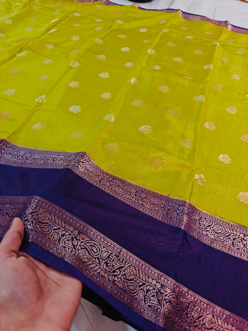 PARROT GREEN RUSSIAN SILK WITH INDIGO BORDER