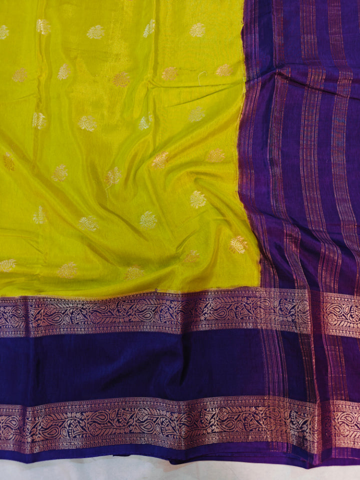 PARROT GREEN RUSSIAN SILK WITH INDIGO BORDER
